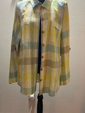 Soft Surroundings Yellow, Green and Blue Plaid Button-Down Shirt